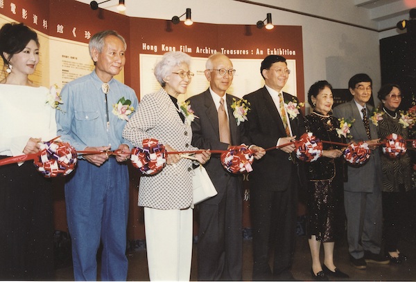 ‘Hong Kong Film Archive Treasures: An Exhibition': (From left) Miu Kam-fung; David Quan; Wei Wei; Raymond Chow; Pao Ping-wing, Vice-Chairman of the Culture Select Committee, Provisional Urban Council; Chin Tsi-ang; Chen Dieyi and Yao Lee officiating at the opening ceremony.