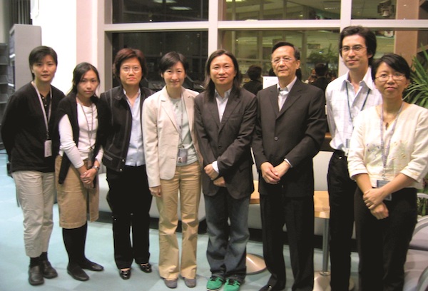 9 October 2004: A photo of Peter Chan with our colleagues at the ‘Donor's Showcase: First Round of Applause – Perspective of Pan-Asian Cinema' seminar. (From left) Priscilla Chan, Valerie Wong, Joyce Cheung, Angela Tong (HKFA Head), Peter Chan, Law Kar, Bede Cheng, Mable Ho.